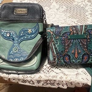 Chala Patterned Bag with Teal Accents and Emma and Sophia wallet Crossbody